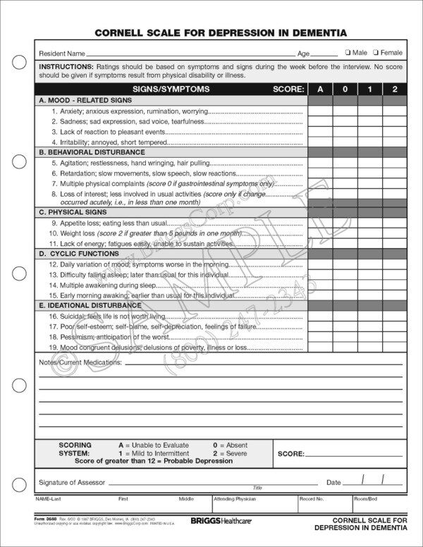 A L Cornell Scale For Depression In Dementia Form A L Cornell Scale For Depression In Dementia Form